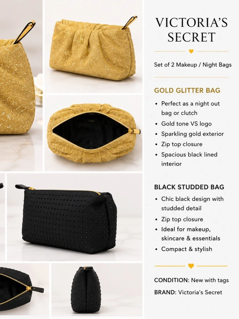 Victoria's Secret Gold Glitter Makeup Bag & Black Studded Pouch Set